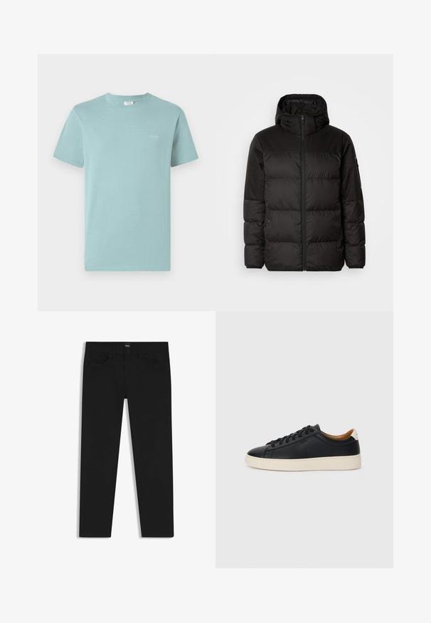 Sort pufferjakke med lynlås, hætte, quiltede sektioner og elastiske manchetter, lavet af et glat, vandafvisende materiale.; Lyseblå bomulds T-shirt med rund hals og korte ærmer. Har et lille mærke-logo trykt i hvidt på brystet. Ensfarvet design.; Sorte denimbukser med lige pasform, der har en standard talje, fem lommer og en knaplukning. Glat struktur over det hele.; Sorte lædersneakers med en glat overflade, beige gummisål, snørebåndsdesign og en kontrastfarvet hæl.