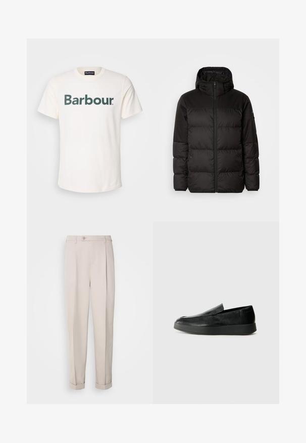 A jaqueta puffer preta apresenta um fecho zip, um capuz, secções acolchoadas e punhos elásticos, confeccionada em um material liso e resistente à água.; Barbour LOGO TEE - T-shirt estampada - whisper white; Calças bege feitas de tecido suave, com um corte reto, pregas simples e bainhas dobradas. Inclui um fecho de botão na frente.; Calvin Klein HYBRID CUP - Sapatos sem atacadores - triple black