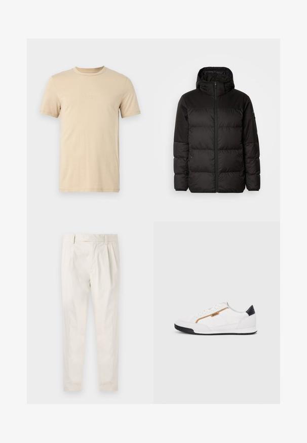 Juodas pūkinis švarkas turi užtrauktuką, gobtuvą, siūlinčius skyrius ir elastinius rankogalius, pagamintas iš lygaus, vandeniui atsparaus medžiagos.; Bežinė medvilninė marškinė su trumpomis rankovėmis, apvalia iškirpte ir iškilmingu LOGO tekstu priekyje. Lygi tekstūra ir standartinė forma.; Balti, susiūtos kelnes, turinčios pritaikytą siluetą, pasižyminčias lygia tekstūra, dirželio kilpomis ir siaurėjančiomis kojomis. Nėra matomų kišenių ar raštų.; Balti sportiniai bateliai su tinklinėmis ir odinėmis detalėmis. Yra auksinė "BOSS" logotipas, tekstūruoti šonai ir juodas kulno dangtelis. Guminis padas.