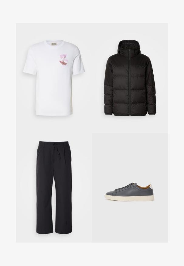 Čierna prešívaná bunda má zips, kapucňu, prešívané sekcie a elastické manžety, vyrobená z hladkého, vodeodolného materiálu.; Biely bavlnený tričko s ružovým kvetinovým grafickým dizajnom a textom na ľavej hrudi. Krátke rukávy a klasický strih s okrúhlym výstrihom.; Široké nohavice z texturovanej čiernej látky s pásom na šnurovanie, ktoré majú dve predné vrecká a rovný strih.; Sivé kožené tenisky s okrúhlou špičkou, gumovou podrážkou, plochými šnúrkami a svetlými akcentmi na päte. Hladká textura a minimalisticý dizajn.