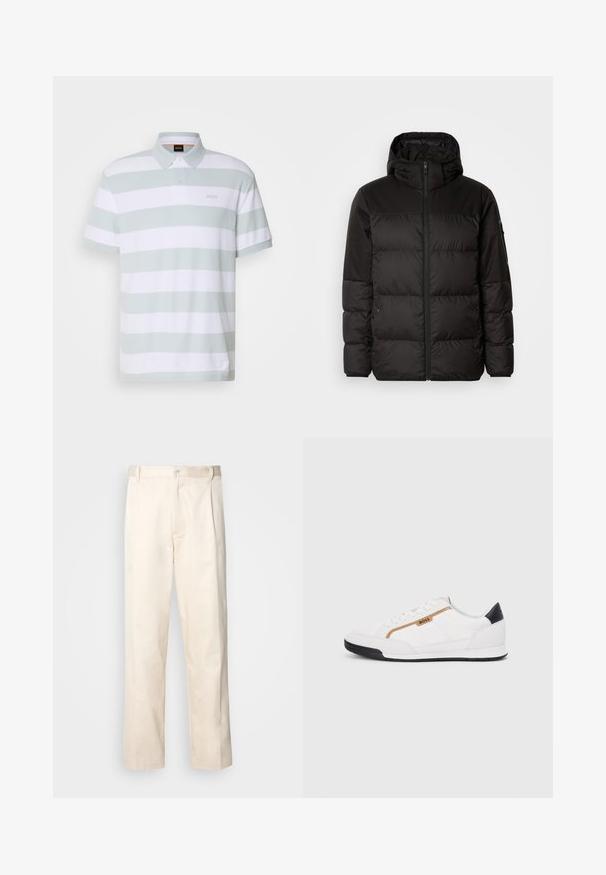 Čierna prešívaná bunda má zips, kapucňu, prešívané sekcie a elastické manžety, vyrobená z hladkého, vodeodolného materiálu.; Prúžkovaná polo košeľa z svetlozeleného a bieleho bavlneného materiálu, s klasickým golierom, dvojitým gombíkom a nenápadným logom na hrudi.; Béžové bavlnené nohavice so strihom rovného nohu, s gombíkovým zapínaním a záhybmi vpredu pre pridanie detailu.; Biele športové topánky s akcentmi z korku a kože. Obsahujú zlaté logo "BOSS", textúrované bočné panely a čierny pätník. Gumová podrážka.