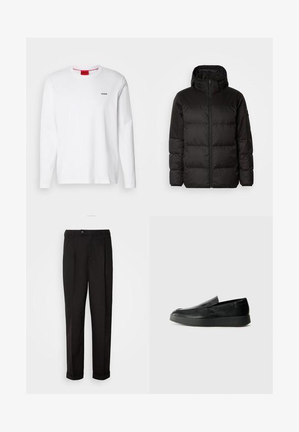Mustikas puffer-jakk sisaldab tõmblukku, kapuutsi, tikandiga osi ja elastseid mansette, valmistatud siledast veekindlast materjalist.; Valge pika varrukaga puuvillane särk, millel on ümmargune kaelus, must "HUGO" logo vasakul rinnal ja sile tekstuur.; Mustad püksid siledast kangast, sirge lõikega, kahe esipocketiga ja ühe nööbiga vöökoha kinnitamiseks.; Calvin Klein HYBRID CUP - Jalga libistatavad jalanõud - triple black