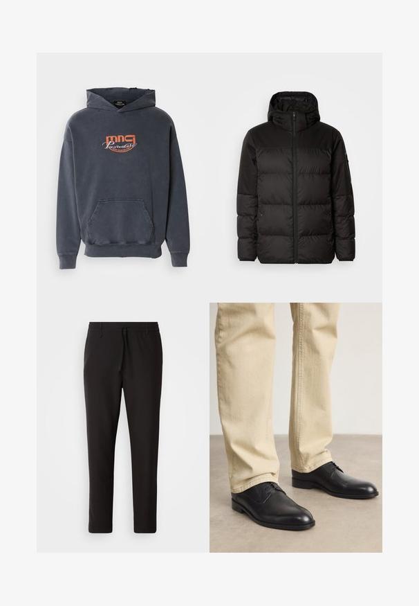 Mustikas puffer-jakk sisaldab tõmblukku, kapuutsi, tikandiga osi ja elastseid mansette, valmistatud siledast veekindlast materjalist.; Tumehall hallhoki, millel on eesmine tasku, nööriga kapuuts ja oranž graafiline logo "mmg Paradise Disco Dancing Club" rinnal. Puuvillane segu.; Mustad jogger-püksid, mis on valmistatud siledast kangast. Omavad elastset pihaotsikut koos paelaga, kitsenevaid jalaosi ja nähtamatuid taskuid. Lihtne disain.; Mustad musta nahast nööriga kengad, millel on ümmargune nina, sile viimistlus ja peened õmblusdetailid, kantud heledate beezide pükstega.