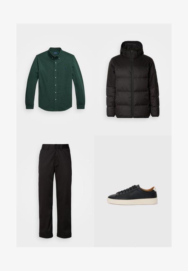 La chaqueta acolchada negra tiene un cierre de cremallera, capucha, secciones acolchadas y puños elásticos, hecha de un material suave y resistente al agua.; Camisa de botones de manga larga en verde oscuro con cuello abotonado y pequeño logo bordado en el lado izquierdo del pecho, sobre un fondo blanco.; Pantalones negros de tela suave, con cremallera, cierre de botón y puños enrollados para un diseño casual.; Zapatillas negras de cuero con una textura suave, suela de goma beige, diseño de cordones y un acento en el talón de color contrastante.