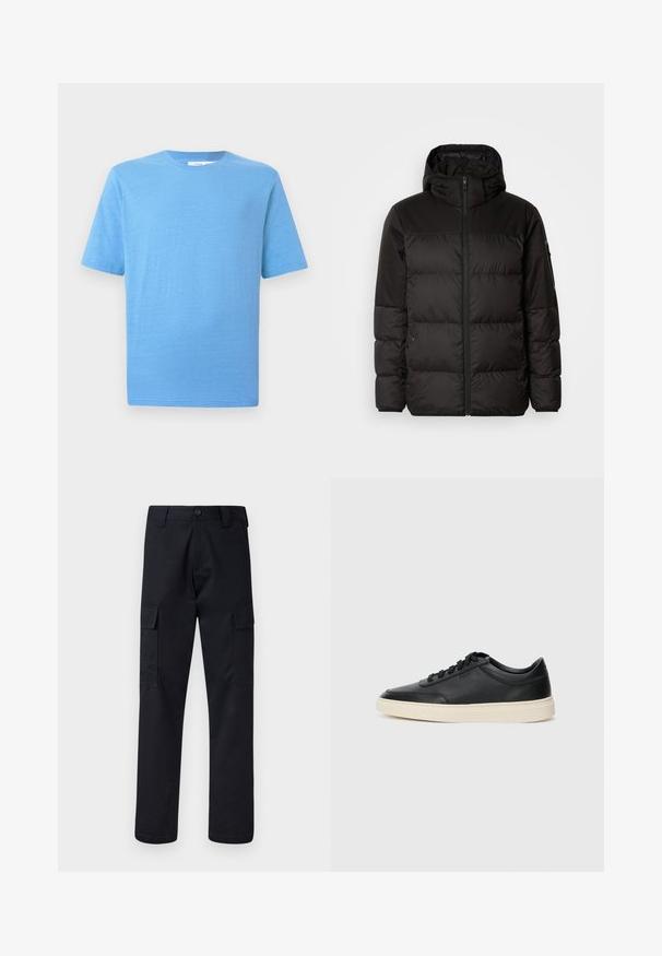 Mustikas puffer-jakk sisaldab tõmblukku, kapuutsi, tikandiga osi ja elastseid mansette, valmistatud siledast veekindlast materjalist.; Hele sinega lühikeste varrukatega T-särk, valmistatud pehmest kangast. Omaduseks klassikaline ümara kaelusega lõige ja sirge alläär, millel on peen tekstuuri detail.; Mustad mustad püksid, mis on valmistatud tugevast materjalist, sirge lõikega, kaht küljetaskut ja nööbiga sulgemist vöökoha juures.; Mustad musta nahast madal sneaker mustade nööpidega ja kreemivalge tallaga, nähtud külgprofiilis valge tausta ees.