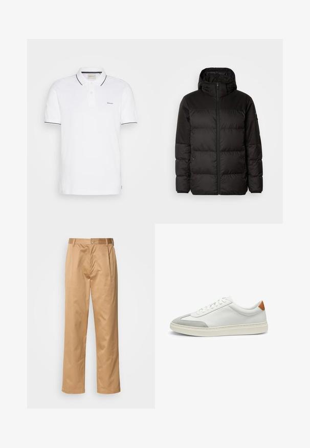 Zwarte pufferjas met ritsluiting, een capuchon, gequiltte secties en elastische manchetten, gemaakt van een glad, waterafstotend materiaal.; Witte poloshirt van katoen, voorzien van een placket met twee knopen, korte mouwen en marineblauwe accenten op de kraag en mouwen. GANT-logo op de borst.; Khaki broek, katoenmix, recht model, voorplooien, riemlussen en knoopsluiting. Gladde textuur zonder patronen.; Witte leren sneakers met grijze suede accenten en een tan leren hieltab. Kenmerkt zich door een textuurovervlak en een lichtgewicht zool.