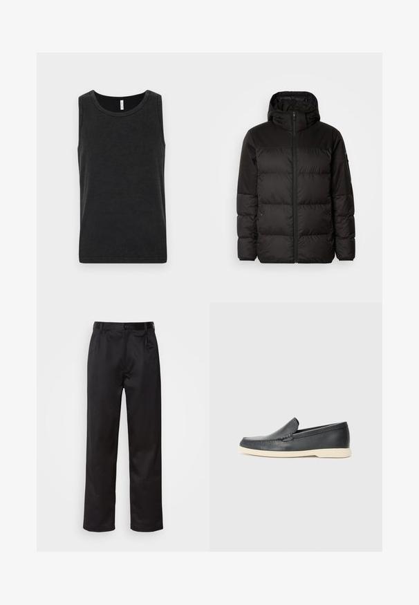 A fekete steppelt dzseki cipzáros záródással, kapucnival, steppelt részekkel és rugalmas mandzsettákkal rendelkezik, sima, vízálló anyagból készült.; Fekete pamut ujjatlan trikó kerek nyakkivágással, sima felülettel. Egyszerű és klasszikus szabású.; Fekete nadrág sima anyagból, elülső gombos záródással, redőkkel és egyenes szárral. Nincsenek látható minták vagy díszítések.; Fekete bőr, slip-on stílusú loaferek, texturált felülettel és kontrasztos bézs gumitalppal. A frontrészén finom díszítéssel rendelkezik.