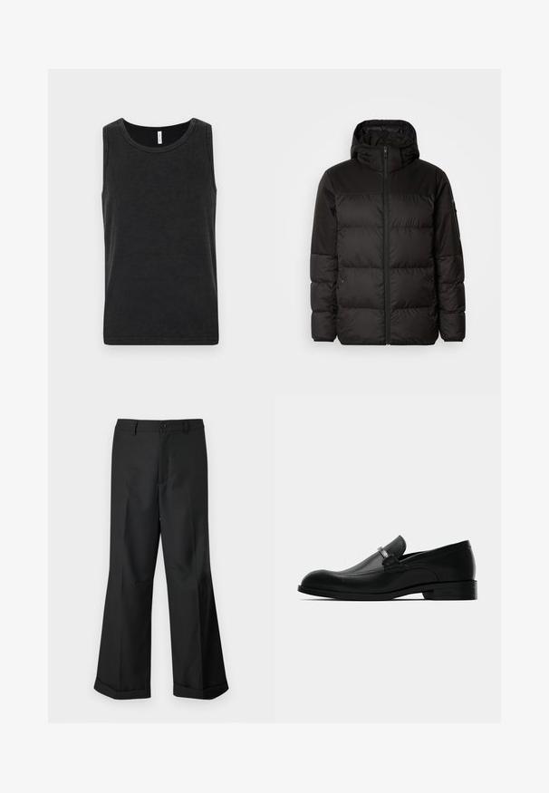 Crna puf jakna ima zatvaranje na zip, kapuljaču, kviltane dijelove i elastične manžete, izrađena je od glatkog, vodootpornog materijala.; Crna pamučna majica bez rukava s okruglim izrezom, glatke teksture. Odlikuje je jednostavan i klasičan kroj.; Crne široke hlače s pojasom na dugmi i manžetama, prikazane na jednostavnoj bijeloj pozadini.; Muške crne kožne mokasine s detaljima metalne kopče, niskom petom i brendiranim đonom, prikazane sa strane na bijeloj podlozi.