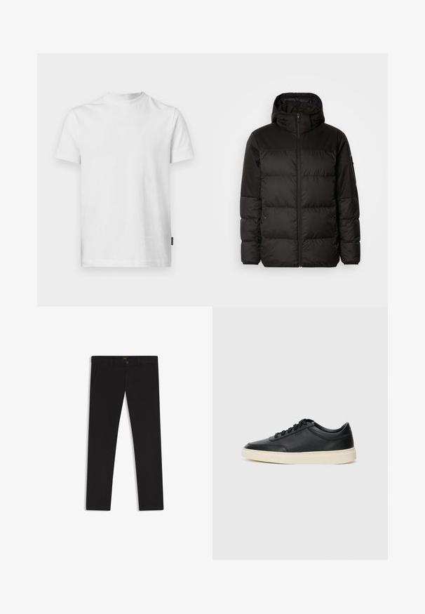 Black puffer jacket features a zip closure, a hood, quilted sections, and elastic cuffs, made from a smooth, water-resistant material.; White short-sleeve T-shirt made of cotton. Features a round neck and a straight cut, with a small label on the lower left side.; Black trousers made of fabric with a smooth texture. Features a button closure, belt loops, and side pockets. Standard straight-leg design.; Black low-top leather sneaker with black laces and off-white sole shown in side profile on white background.
