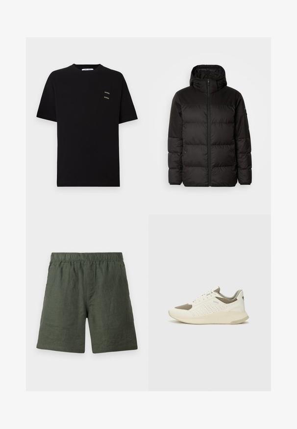 Mustikas puffer-jakk sisaldab tõmblukku, kapuutsi, tikandiga osi ja elastseid mansette, valmistatud siledast veekindlast materjalist.; Must must T-särk lühikeste varrukatega, ümmarguse kaelusega, millel on kaks väikest, tikanditena "Samsøe" logo vasakul rinnapool. ; Rohelised linased lühikesed püksid elastse vöökoha, sirge jalgade lõike ja sileda tekstuuriga, millel on lihtne õmblus ilma lisakaunistusteta.; Valge ja heledat beeži värvi spordijalats, millel on õhuke võrkmaterjal, perforatsioonidega detailid ning tekstuuriga vahetald, millel on brändi logo kannaosas.