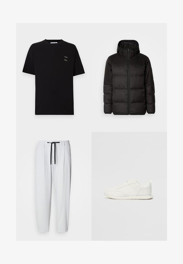 Črna zimska jakna ima zadrgo, kapuco, prešite odseke in elastične manšete, izdelana je iz gladkega, vodoodpornega materiala.; Črna bombažna majica s kratkimi rokavi, okroglo ovratnikom, z dvema majhnima, vezenima logotipoma "Samsøe" na levi strani prsnega dela.; Bele hlače s črnim vrvico, elastičnim pasom, stranskimi žepi in pasom, prikazane na enobarvni podlagi.; Bela tenisa z mrežasto in sintetično zgornjo plastjo, okroglo oblikovano prstno območje, ravne vezalke in teksturirana stranska črta. Gumijast podplat z zanko na hrbtni strani.