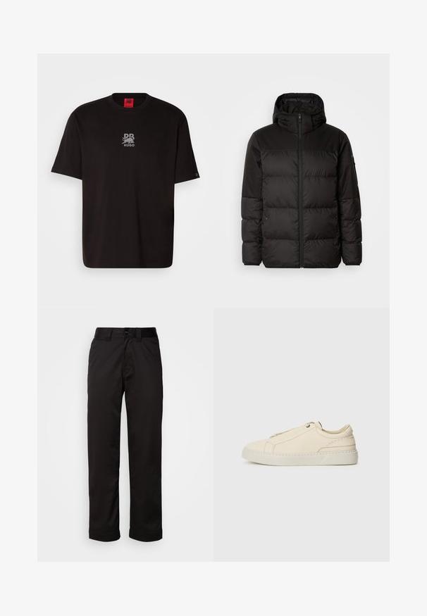 Juodas pūkinis švarkas turi užtrauktuką, gobtuvą, siūlinčius skyrius ir elastinius rankogalius, pagamintas iš lygaus, vandeniui atsparaus medžiagos.; Juodas medvilnės marškinėliai trumpomis rankovėmis, su sidabriniu grafiniu logotipu krūtinėje ir raudonu etiketu ant apykaklės. Minimalistinis dizainas.; Juodos kelnės, pagamintos iš lygaus audinio, su užtrauktuku, mygtuko uždarymu ir sukietintais riešais neformaliam dizainui.; Kreminio odos sportbačiai su apvaliu nosiu, minimalistiniu dizainu, subtiliomis siuvimo detalėmis ir tekstūrine viršutine dalimi, ant šviesios pado.