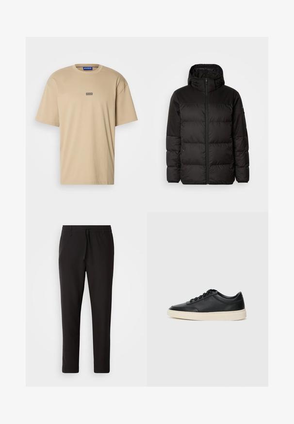 A jaqueta puffer preta apresenta um fecho zip, um capuz, secções acolchoadas e punhos elásticos, confeccionada em um material liso e resistente à água.; HUGO NALONO - T-shirt estampada - medium beige; Calças de jogging pretas feitas de tecido liso. Apresentam uma cintura elástica com cordão, pernas ligeiramente ajustadas e sem bolsos visíveis. Design simples.; Sapatilha preta de cano baixo em pele com atacadores pretos e sola off-white, apresentada em perfil lateral sobre fundo branco.