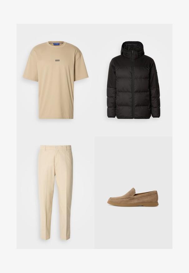 Juodas pūkinis švarkas turi užtrauktuką, gobtuvą, siūlinčius skyrius ir elastinius rankogalius, pagamintas iš lygaus, vandeniui atsparaus medžiagos.; HUGO NALONO - Marškinėliai su spaudiniu - medium beige; Šviesiai smėlio spalvos chino kelnės su tiesia kojų linija, audinys yra lygus, su priekinėmis mygtukų uždarymo detalėmis ir dviem šoninėmis kišenėmis.; Rudi šviesios odos slip-on loaferiai su lygiu paviršiumi ir siuvinėjimu; turi guminį pado sluoksnį, užtikrinantį sukibimą.
