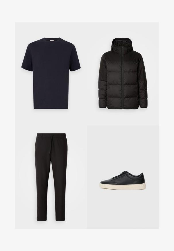 Černá péřová bunda má zipový uzávěr, kapuci, prošívané části a elastické manžety, vyrobená z hladkého, voděodolného materiálu.; Námorně modré bavlněné tričko s kulatým výstřihem, krátkými rukávy a volným střihem; hladká textura; žádné viditelné vzory ani kovové prvky.; Černé teplákové kalhoty vyrobené z hladké látky. Mají elastický pas se šňůrkou, zúžené nohavice a žádné viditelné kapsy. Jednoduchý design.; Černé kožené nízké tenisky s černými tkaničkami a slonovinovou podešví, zobrazené v bočním profilu na bílém pozadí.