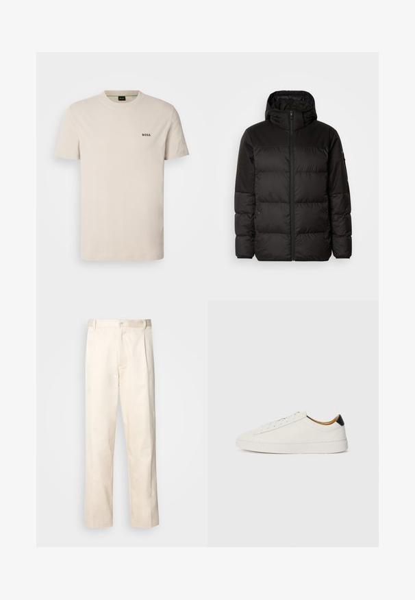 Melna pūkainā jakā iezīmes ir rāvējslēdzēja aizdare, kapuce, kvadrātveida šuves un elastīgas aproces, izgatavota no gludas, ūdensizturīgas vielas.; Bēša kokvilnas T-krekls ar apaļu kaklu un īsām piedurknēm. Uz kreisā krūšu daļā ir neliels melns "BOSS" logo. Gluda tekstūra.; Bežā krāsā auduma bikses ar taisnu kāju griezumu, pievienotām pogu aizdares un priekšējiem krokām papildu detaļām.; Balti apavi ar gludu ādas augšdaļu, apaļu purngalu un plakanu zoli. Melns akcentus papēdī, ar tonālām šņorēm un minimālu zīmolu.
