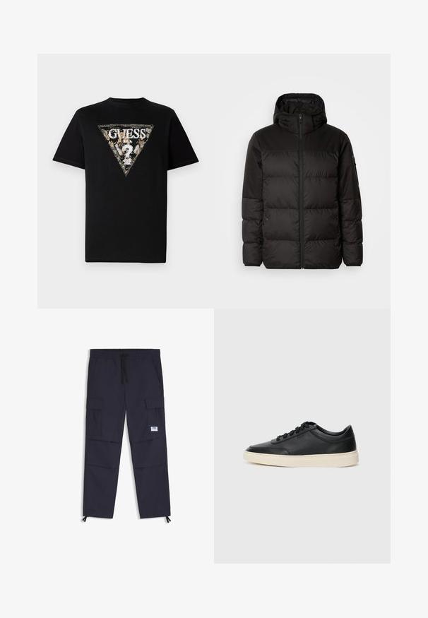 Svart puffjacka med blixtlås, huva, quiltade sektioner och elastiska mudd, tillverkad av ett slätt, vattentåligt material.; Svart bomullströja med en triangulär tryckt logotyp i guld och vitt med blommiga inslag och texten "GUESS" i mitten.; Marinblå cargobyxor tillverkade av ett lättviktigt tyg, med elastisk midja, dragsko, flera fickor och blixtlås vid anklarna.; Svart låg skor i läder med svarta snören och off-white sula, visas i sidoprofil på vit bakgrund.