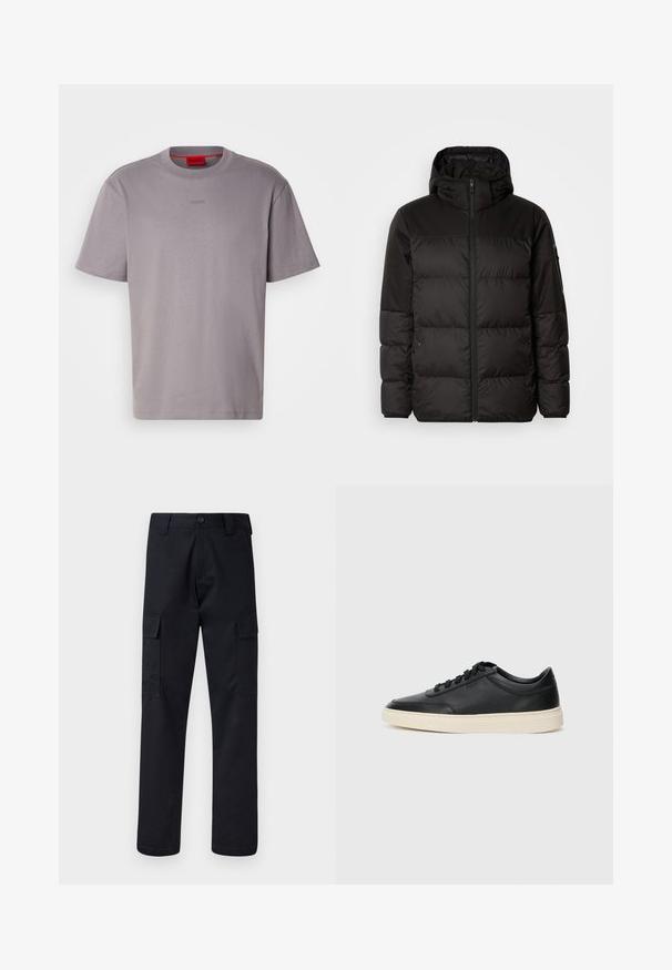 Črna zimska jakna ima zadrgo, kapuco, prešite odseke in elastične manšete, izdelana je iz gladkega, vodoodpornega materiala.; HUGO DAPOLINO - Navadna majica - grey; Črne cargo hlače iz trpežnega blaga, z ravnim krojem, dvema stranskima žepoma in gumbom za zapiranje na pasu.; Črne nizke usnjene teniske s črnimi vezalkami in svetlo belo podplatom, prikazane v stranskem profilu na beli podlagi.