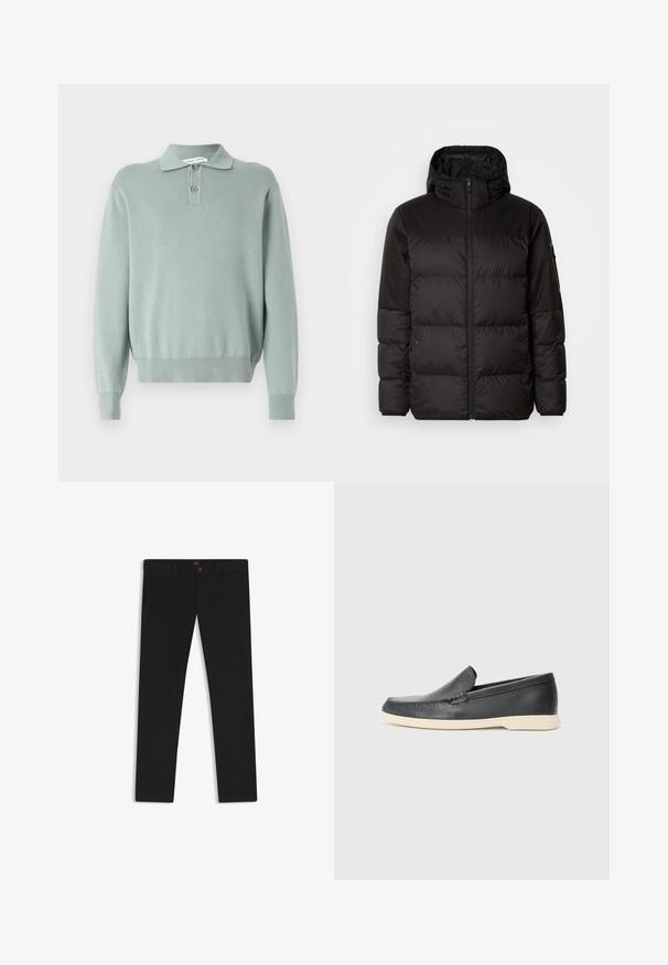 Zwarte pufferjas met ritsluiting, een capuchon, gequiltte secties en elastische manchetten, gemaakt van een glad, waterafstotend materiaal.; Lichtgroene gebreide pullover met een polokraag, twee knopen, geribbelde manchetten en zoom. Zachte textuur en een relaxte pasvorm.; Zwarte broek van stof met een gladde textuur. Bevat een knoopsluiting, riemlussen en zijzakken. Standaard straight-leg ontwerp.; Zwarte leren instappers met een gestructureerde afwerking en een contrasterende beige rubberen zool. Beschikt over een subtiele accent langs de voorkant.