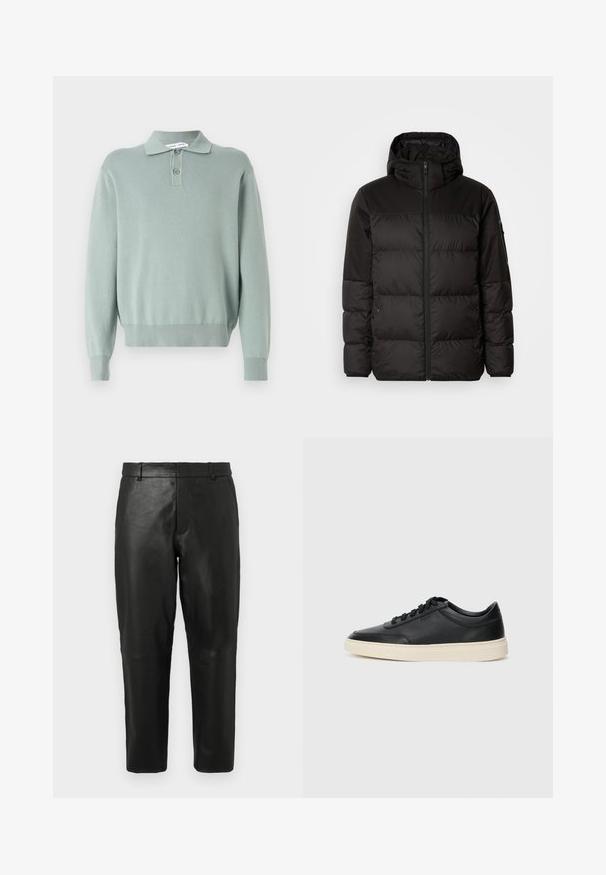A fekete steppelt dzseki cipzáros záródással, kapucnival, steppelt részekkel és rugalmas mandzsettákkal rendelkezik, sima, vízálló anyagból készült.; Világos zöld kötött pulóver pólónyakkal, két gombbal, bordás mandzsettával és szegéllyel. Puha tapintású és laza szabású.; Fekete bőr egyenes szabású nadrág övakasztókkal és oldalsó zsebekkel, világos, egyszínű háttér előtt bemutatva.; Fekete, alacsony szárú bőrsneaker fekete fűzőkkel és törtfehér talppal, oldalnézetben, fehér háttér előtt.
