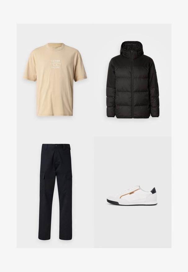 Musta puhvijakku sisältää vetoketjun, hupun, tilkuista koostuvia osioita ja joustavat hihansuut. Se on valmistettu sileästä, vedenpitävästä materiaalista.; Vaaleanbeige puuvillainen t-paita lyhyillä hihoilla, jossa on valkoinen brodeerattu teksti: "GUESS CALIFORNIA L.A. Est.1981" edessä. Pyöreä pääntie.; Mustat cargo-housut, jotka on valmistettu kestävästä kankaasta, suora lahkeensuukko, kaksi sivutaskua ja napin suljenta vyötäröllä.; Valkoiset urheilukengät, joissa on verkkokudosta ja nahkaosia. Varustettu kultaisella "BOSS"-logolla, tekstuurillisilla sivupaneeleilla ja mustalla kantapäällä. Kumikanta.