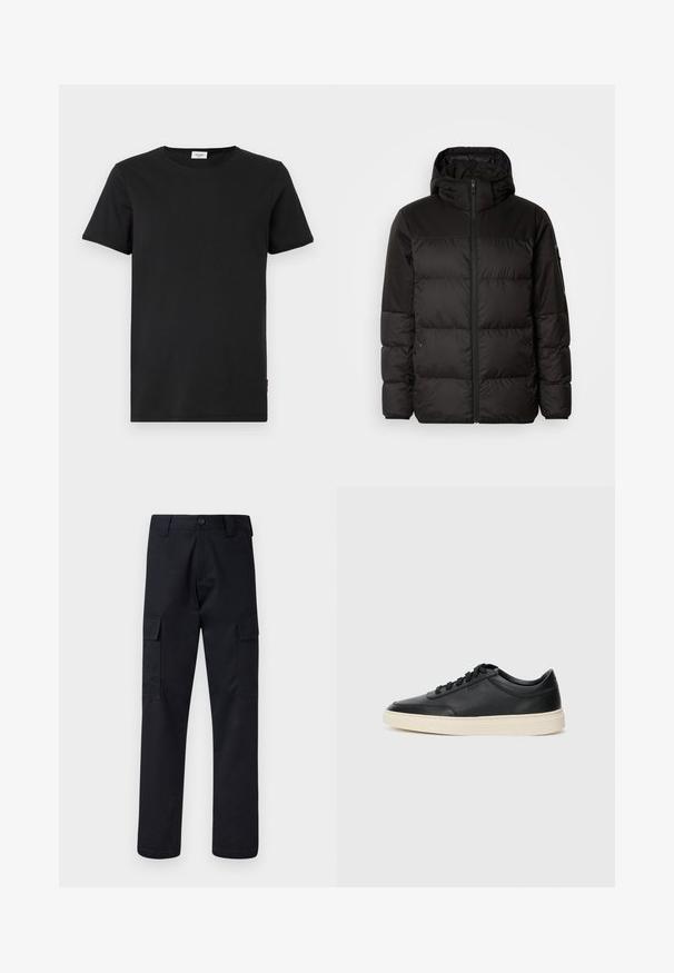 A fekete steppelt dzseki cipzáros záródással, kapucnival, steppelt részekkel és rugalmas mandzsettákkal rendelkezik, sima, vízálló anyagból készült.; Fekete pamut póló kerek nyakkivágással, rövid ujjakkal és egyenes fazonnal. Az alsó részén egy kis piros díszítő címke található.; Fekete cargo nadrág, tartós anyagból készült, egyenes szárú fazonnal, két oldalsó zsebbel és gombos záródással a derékon.; Fekete, alacsony szárú bőrsneaker fekete fűzőkkel és törtfehér talppal, oldalnézetben, fehér háttér előtt.
