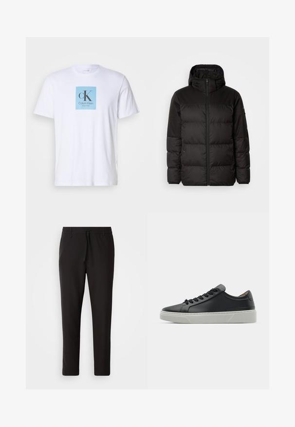 Black puffer jacket features a zip closure, a hood, quilted sections, and elastic cuffs, made from a smooth, water-resistant material.; White short-sleeve T-shirt with a light blue square on the chest featuring "cK Calvin Klein New York" text logo.; Black jogger pants made of smooth fabric. Feature an elastic waistband with a drawstring, tapered legs, and no visible pockets. Simple design.; Black leather sneaker with a smooth texture, round toe, and black laces. Features a thick, white rubber sole with subtle geometric accents.