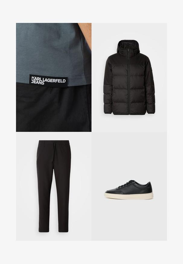 Melna pūkainā jakā iezīmes ir rāvējslēdzēja aizdare, kapuce, kvadrātveida šuves un elastīgas aproces, izgatavota no gludas, ūdensizturīgas vielas.; Pelēks T-krekls ar teksturētu apdari, uz kura apakšmalas ir melns uzlīme ar uzrakstu "KARL LAGERFELD JEANS", apvienots ar melniem biksēm.; Melnas sporta bikses no gludas auduma. Tām ir elastīga josta ar auklu, sašaurinātas kājas un nav redzamu kabatu. Vienkāršs dizains.; Melnas zemas ādas sporta kurpes ar melnām auklām un off-white zoli, rādītas no sānu profila uz baltā fona.