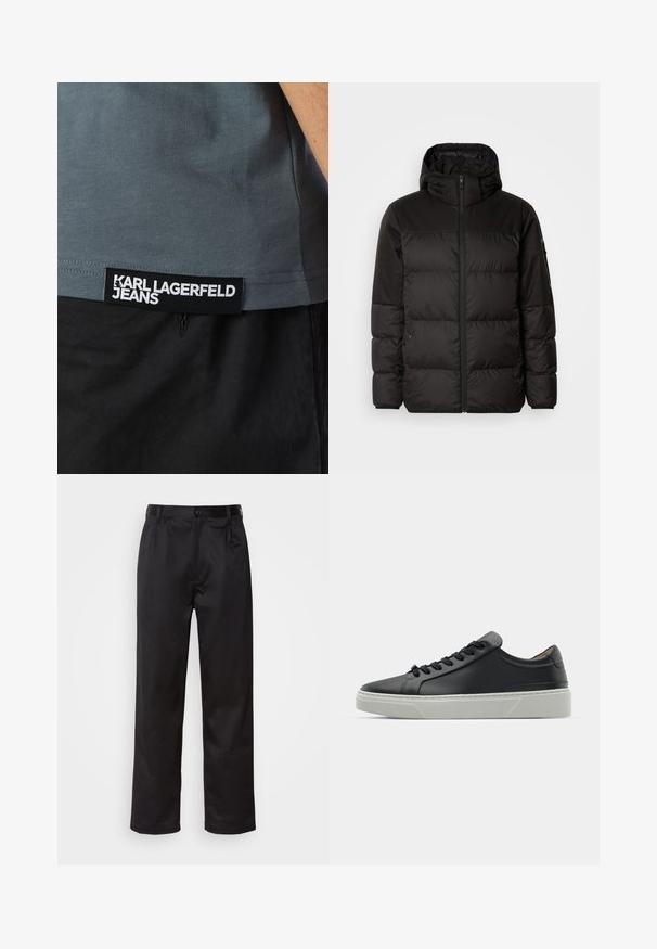 Černá péřová bunda má zipový uzávěr, kapuci, prošívané části a elastické manžety, vyrobená z hladkého, voděodolného materiálu.; Šedé tričko s texturovaným povrchem, na spodním lemu s černou nášivkou "KARL LAGERFELD JEANS", v kombinaci s černými kalhotami.; Černé kalhoty vyrobené z hladké tkaniny, se zapínáním na přední knoflík, sklady a rovnými nohavicemi. Bez viditelných vzorů nebo doplňků.; Černé kožené tenisky s hladkým povrchem, kulatou špičkou a černými šňůrkami. Disponují silnou bílou gumovou podrážkou s jemnými geometrickými akcenty.