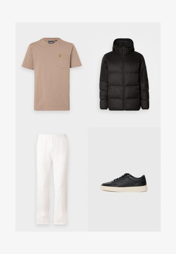 Il giubbotto puffo nero presenta una chiusura con zip, un cappuccio, sezioni trapuntate e polsini elastici, realizzato in un materiale liscio e resistente all'acqua.; T-shirt marrone a maniche corte realizzato in morbido cotone, caratterizzato da una tasca sul petto con un emblema di farfalla gialla. Design classico con scollatura a girocollo.; Pantaloni bianchi in lino con vita elasticizzata, design a gamba dritta e tessuto leggermente strutturato. Nessun motivo o dettagli aggiuntivi.; Sneaker in pelle nera a basso profilo con lacci neri e suola avorio, mostrato di profilo su sfondo bianco.