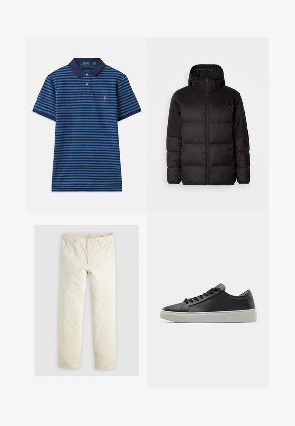 Černá péřová bunda má zipový uzávěr, kapuci, prošívané části a elastické manžety, vyrobená z hladkého, voděodolného materiálu.; Pruhovaná polo tričko v modrých odstínech s tmavě modrým límečkem. Má krátké rukávy a malé červené logo na levém prsu. Lehký materiál.; Svetlé béžové volné kalhoty s třemi kapsami, poutky na opasek a rovnými nohavicemi. Vyrobeno z měkké směsi bavlny.; Černé kožené tenisky s hladkým povrchem, kulatou špičkou a černými šňůrkami. Disponují silnou bílou gumovou podrážkou s jemnými geometrickými akcenty.