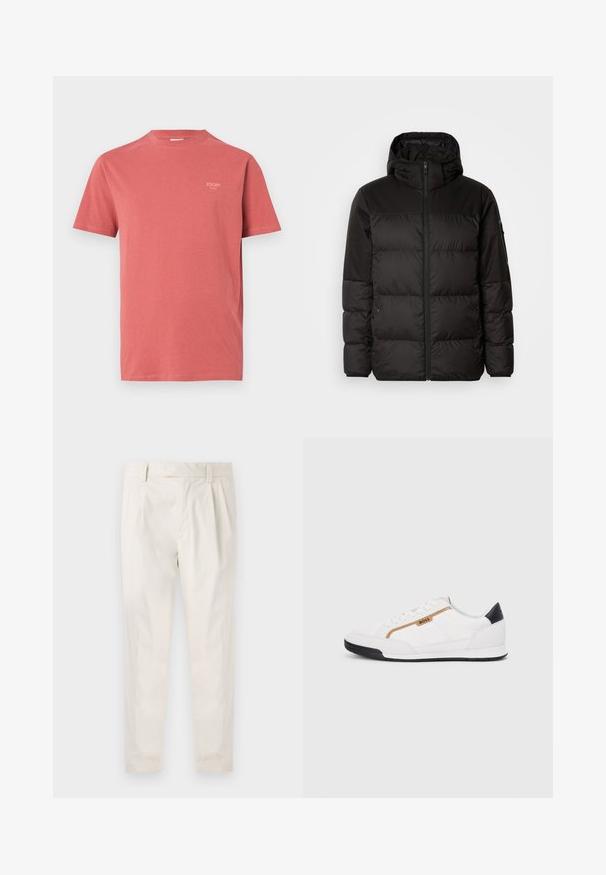 A fekete steppelt dzseki cipzáros záródással, kapucnival, steppelt részekkel és rugalmas mandzsettákkal rendelkezik, sima, vízálló anyagból készült.; Piros pamut póló rövid ujjakkal és kerek nyakkivágással, kicsi márkalogóval a bal felső mellrészen. Sima textúrájú.; Fehér, pliszírozott nadrág, testre szabott szabással, sima felülettel, övhurkokkal és karcsú lábszárral. Nincs látható zseb vagy minta.; Fehér sportcipők, hálós és bőr díszítésekkel. Kiemelkedő arany "BOSS" logó, textúrázott oldalpanelekkel és fekete sarokkal. Gumi talp.