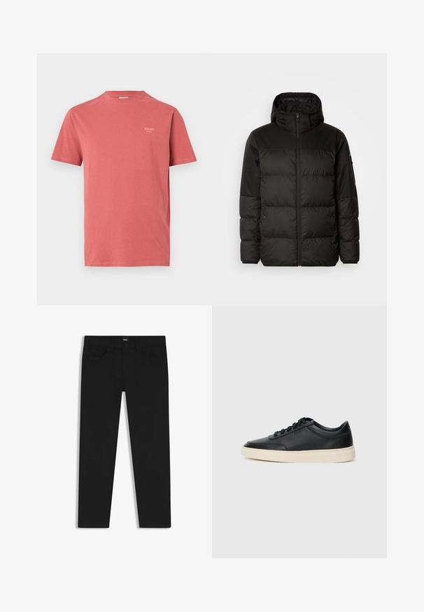 Black puffer jacket features a zip closure, a hood, quilted sections, and elastic cuffs, made from a smooth, water-resistant material.; Red cotton t-shirt with short sleeves and a round neckline, featuring a small brand logo on the upper left chest. Smooth texture.; Black denim trousers with a straight cut, featuring a standard waistband, five pockets, and a button closure. Smooth texture throughout.; Black low-top leather sneaker with black laces and off-white sole shown in side profile on white background.