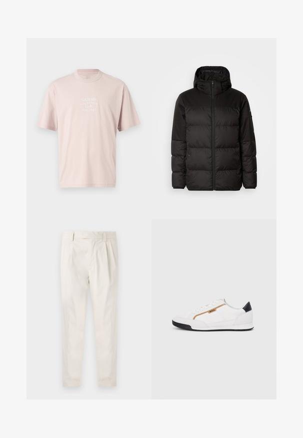 Čierna prešívaná bunda má zips, kapucňu, prešívané sekcie a elastické manžety, vyrobená z hladkého, vodeodolného materiálu.; Svetloružové tričko vyrobené z bavlny, s okrúhlym výstrihom a krátkymi rukávmi. Na prednej strane má biele logo.; Biele plisované nohavice s prispôsobeným strihom, s hladkou textúrou, pútkami na opasok a zúženými nohavicami. Žiadne viditeľné vrecká ani vzory.; Biele športové topánky s akcentmi z korku a kože. Obsahujú zlaté logo "BOSS", textúrované bočné panely a čierny pätník. Gumová podrážka.