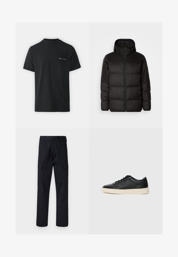 Melna pūkainā jakā iezīmes ir rāvējslēdzēja aizdare, kapuce, kvadrātveida šuves un elastīgas aproces, izgatavota no gludas, ūdensizturīgas vielas.; Melnās kokvilnas T-krekls ar klasisku apaļu kaklu, īsām piedurknēm un diviem maziem baltiem "SAMSØE" logotipiem uz kreisā krūšu.; Melni kravas bikses, kas izgatavotas no izturīga auduma, ar taisnu kāju griezumu, divām sānu kabatām un pogu aizdari jostas vietā.; Melnas zemas ādas sporta kurpes ar melnām auklām un off-white zoli, rādītas no sānu profila uz baltā fona.