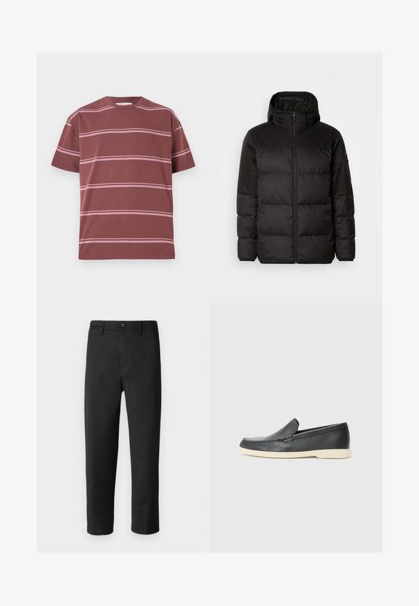 Black puffer jacket features a zip closure, a hood, quilted sections, and elastic cuffs, made from a smooth, water-resistant material.; Maroon T-shirt with horizontal pink stripes, round neck, short sleeves, and a relaxed fit. Made of soft cotton material.; Black trousers with a straight cut, made from smooth fabric. Features a button closure and belt loops. No visible patterns or accents.; Black leather slip-on loafers with a textured finish and a contrasting beige rubber sole. Features a subtle accent along the front.