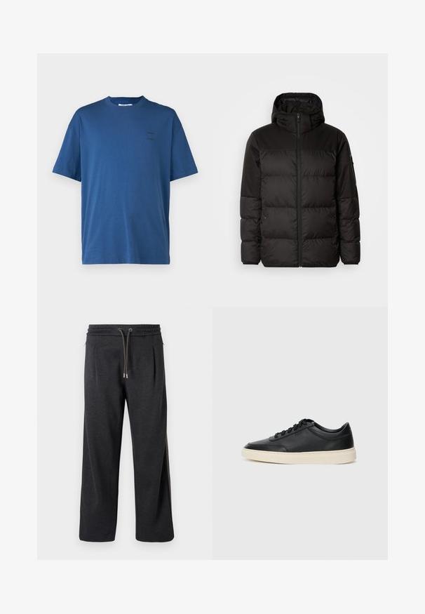 Čierna prešívaná bunda má zips, kapucňu, prešívané sekcie a elastické manžety, vyrobená z hladkého, vodeodolného materiálu.; Samsøe Samsøe JOEL - Základné tričko - true navy; Tmav gray tepláky s jemnou textúrou, elastickým pásom, šnúrkou na sťahovanie a bočnými švami s kontrastnými akcentmi. Široký strih.; Čierne nízkoprevádzkové kožené tenisky s čiernymi šnúrkami a krémovou podrážkou zobrazené v bočnom profile na bielom pozadí.