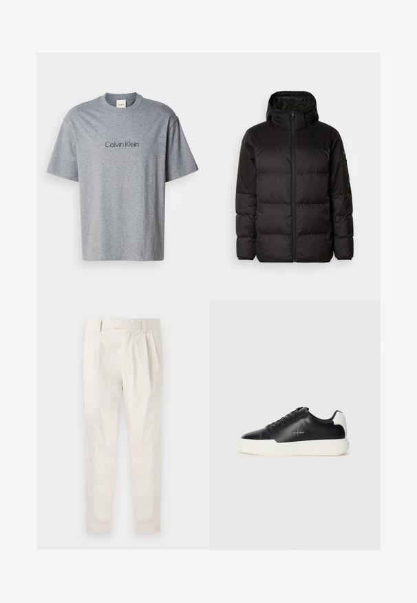 Juodas pūkinis švarkas turi užtrauktuką, gobtuvą, siūlinčius skyrius ir elastinius rankogalius, pagamintas iš lygaus, vandeniui atsparaus medžiagos.; Pilkas medvilninis marškinėliai su trumpomis rankovėmis, apvaliu iškirpimu ir spausdintu "Calvin Klein" logotipu tamsesnėje atspalvyje per krūtinę.; Balti, susiūtos kelnes, turinčios pritaikytą siluetą, pasižyminčias lygia tekstūra, dirželio kilpomis ir siaurėjančiomis kojomis. Nėra matomų kišenių ar raštų.; Juodos odinės sportinės bateliai su balta guma. Turi apvalų nosį, raištelių dizainą ir logotipo detalę šone. Užpakalinė akcento dalis balta.