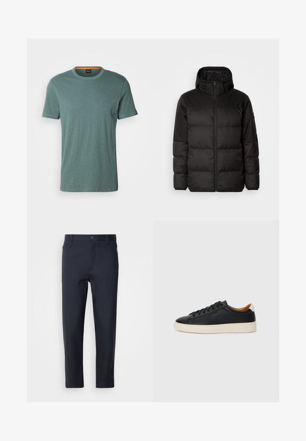 Čierna prešívaná bunda má zips, kapucňu, prešívané sekcie a elastické manžety, vyrobená z hladkého, vodeodolného materiálu.; BOSS TEGOOD - Základné tričko - open green; Námornícky modré nohavice so strihom, vyrobené z hladkého materiálu, s vreckom na zips, rovnými nohavicami a gombíkovým zapínaním na páse.; Čierne kožené tenisky s hladkou textúrou, béžová gumová podrážka, viazanie a kontrastný akcent na päte.