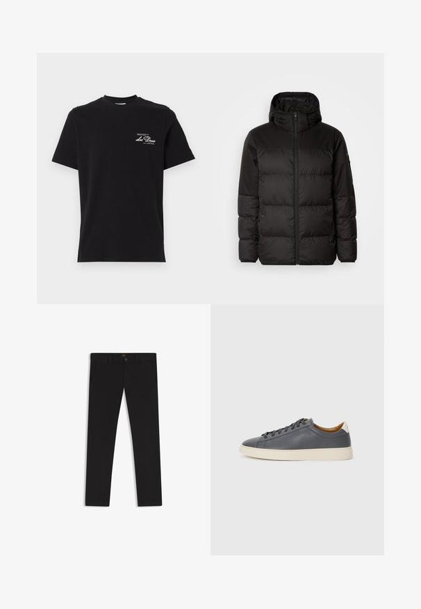 Svart puffjacka med blixtlås, huva, quiltade sektioner och elastiska mudd, tillverkad av ett slätt, vattentåligt material.; Svart bomull t-shirt med rund halsringning. Har vit textlogotyp på vänster bröst. Kort ärm och rak nederkant.; Svarta byxor gjorda av tyg med en slät textur. Har en knäppning med knapp, bälteshällor och sidofickor. Standard rakt ben-design.; Grå lädersneaker med rund tå, gummisula, plana snörningar och ljusa accenter på hälen. Slät textur och minimalistisk design.