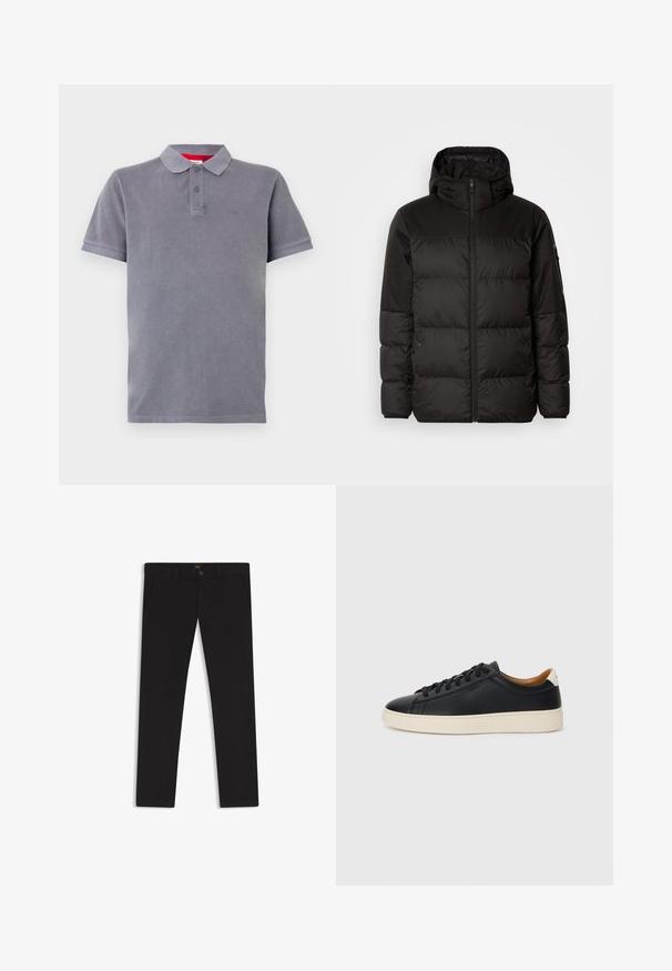 Zwarte pufferjas met ritsluiting, een capuchon, gequiltte secties en elastische manchetten, gemaakt van een glad, waterafstotend materiaal.; Grijze polo met een zachte textuur, een sluiting met drie knopen, korte mouwen en een subtiele logo op de borst. Versterkt met een rode binnenkraag.; Zwarte broek van stof met een gladde textuur. Bevat een knoopsluiting, riemlussen en zijzakken. Standaard straight-leg ontwerp.; Zwarte leren sneakers met een gladde textuur, beige rubberen zool, vetersluiting en een contrasterende hielaccent.