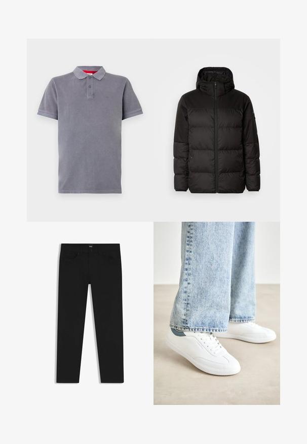 Zwarte pufferjas met ritsluiting, een capuchon, gequiltte secties en elastische manchetten, gemaakt van een glad, waterafstotend materiaal.; Grijze polo met een zachte textuur, een sluiting met drie knopen, korte mouwen en een subtiele logo op de borst. Versterkt met een rode binnenkraag.; Zwarte denim broek met een rechte snit, voorzien van een standaard tailleband, vijf zakken en een knoopsluiting. Gladde textuur overal.; Witte sneakers van glad materiaal, met vetersluiting, een gevulkaniseerde rubberen zool en een teal accent op de hiel, gecombineerd met lichtblauwe jeans.