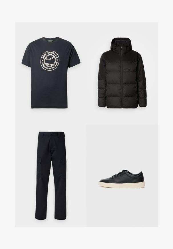 Geacă puffer neagră cu închidere cu fermoar, glugă, secțiuni quilted și manșete elastice, realizată dintr-un material neted, rezistent la apă.; Tricou din bumbac albastru marin, cu un imprimeu circular crem având textul „BOSS TENNIS CLUB” și un design cu o minge de tenis în centru.; Pantaloni cargo negri, fabricați dintr-un material rezistent, cu un croi dre apt, două buzunare laterale și o închidere cu button la talie.; Sneaker din piele neagră, cu vârf jos, cu șireturi negre și talpă de un alb murdar, prezentat în profil lateral, pe un fundal alb.