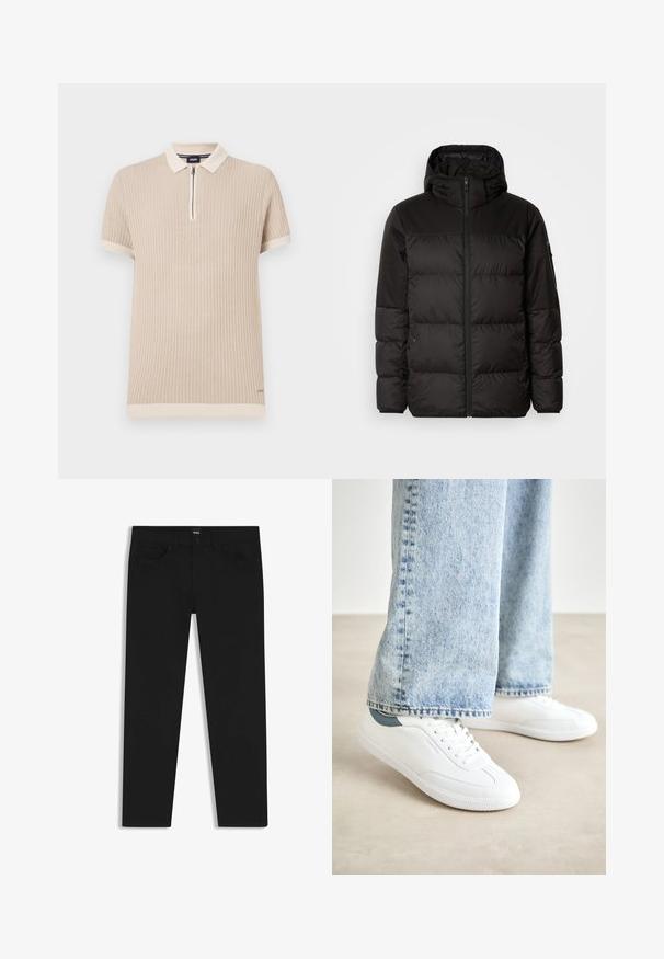 Sort pufferjakke med lynlås, hætte, quiltede sektioner og elastiske manchetter, lavet af et glat, vandafvisende materiale.; Beige kortærmet polo skjorte med ribbet tekstur, lynlås krave og kontrastfarvet kant langs ærmerne og kanten. Diskret logo detalje.; Sorte denimbukser med lige pasform, der har en standard talje, fem lommer og en knaplukning. Glat struktur over det hele.; Hvite sneakers med glat materiale, snørelukking, tekstureret gummisål og en teal accent ved hælen, parret med lyseblå jeans.
