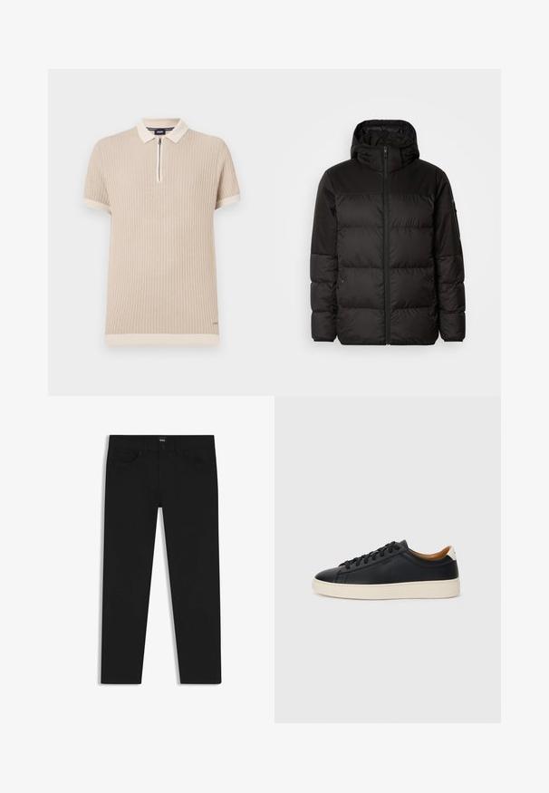 Svart puffjacka med blixtlås, huva, quiltade sektioner och elastiska mudd, tillverkad av ett slätt, vattentåligt material.; Beige kortärmad polo t-shirt med ribbad textur, dragkedja vid kragen och kontrasterande kant längs ärmarna och nederkanten. Diskret logotypdetalj.; Svarta denimbyxor med rak passform, med en standard midja, fem fickor och knäppning med knapp. Slät yta genomgående.; Svarta lädersneakers med en slät yta, beige gummisula, snörning och en kontrasterande hälackcent.