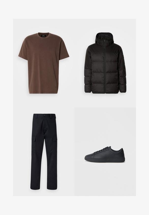 Černá péřová bunda má zipový uzávěr, kapuci, prošívané části a elastické manžety, vyrobená z hladkého, voděodolného materiálu.; Hnědý krátký rukávový tričko s kulatým výstřihem a malým logem u lemu a značkovou štítkou uvnitř výstřihu, vystavené na bílém pozadí.; Černé cargo kalhoty vyrobené z odolné tkaniny, s rovnými nohavicemi, dvěma bočními kapsami a zapínáním na knoflík v pase.; Černé tenisky z hladké kůže s nízkým designem, kulatou špičkou a plochou gumovou podrážkou. Mají šněrování a nenápadné branding.