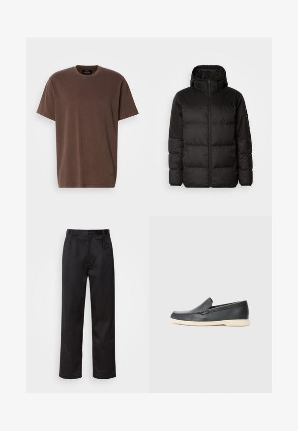 Czarna kurtka puchowa z zapięciem na zamek, kapturem, pikowanymi sekcjami i elastycznymi mankietami, wykonana z gładkiego, wodoodpornego materiału.; Brązowy T-shirt z krótkim rękawem i okrągłym dekoltem, z małym logo przy dolnym obszyciu i metką marki wewnątrz dekoltu, prezentowany na białym tle.; Czarne spodnie wykonane z gładkiego materiału, z zapięciem na guzik z przodu, plisami i prostymi nogawkami. Brak widocznych wzorów lub akcentów.; Czarne skórzane slip-ony w stylu loafers z teksturowanym wykończeniem i kontrastującą beżową gumową podeszwą. Posiadają delikatny akcent wzdłuż przodu.