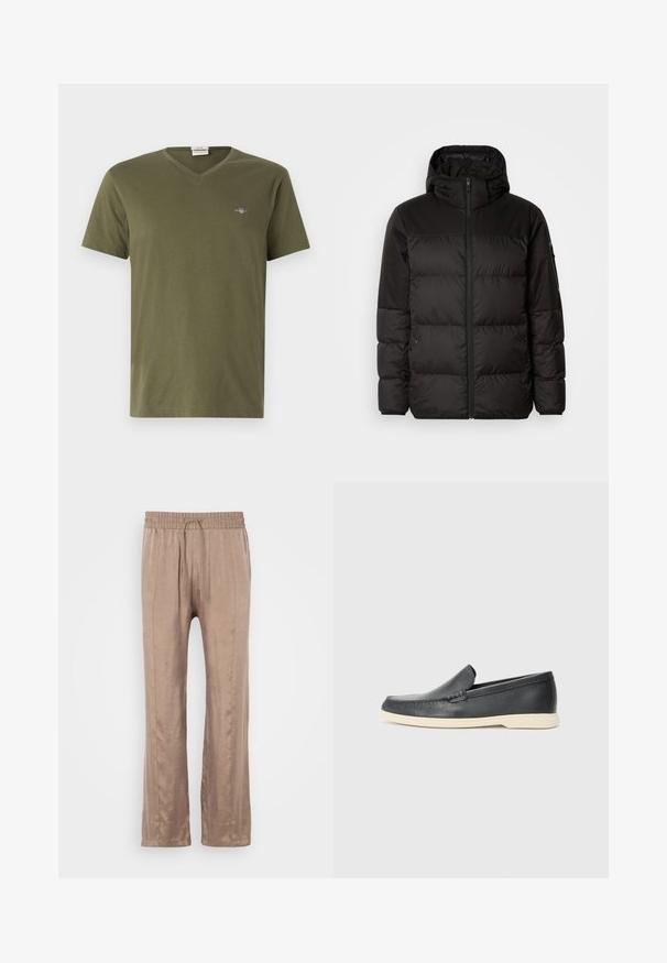 Juodas pūkinis švarkas turi užtrauktuką, gobtuvą, siūlinčius skyrius ir elastinius rankogalius, pagamintas iš lygaus, vandeniui atsparaus medžiagos.; Alyvuogių spalvos marškinėliai iš minkštos medvilnės, su V formos iškirpte, trumpomis rankovėmis ir mažai grafine logotipu viršutiniame kairiajame krūtinės kampe.; Šviesiai rudos, plačios kelnės, pagamintos iš lygaus audinio, su elastinga juosmens juosta ir raišteliu bei dviem priekinių raukšlių linijomis.; Juodi odiniai batus be raištelių, turintys tekstūruotą paviršių ir kontrastingą smėlio spalvos gumos padai. Yra subtilus akcentas priekyje.