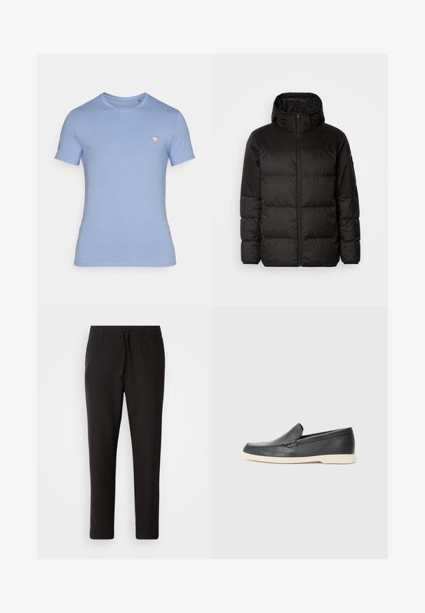 La chaqueta acolchada negra tiene un cierre de cremallera, capucha, secciones acolchadas y puños elásticos, hecha de un material suave y resistente al agua.; Camiseta de algodón de manga corta color azul claro. Presenta un cuello redondo y un pequeño logotipo triangular rojo en el pecho.; Pantalones de chándal negros de tejido suave. Cuentan con una cintura elástica con cordón, piernas ajustadas y sin bolsillos visibles. Diseño sencillo.; Mocasines de piel negra sin cordones con un acabado texturizado y una suela de goma beige en contraste. Presentan un sutil acento en la parte frontal.