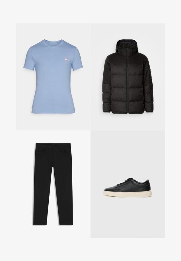 Zwarte pufferjas met ritsluiting, een capuchon, gequiltte secties en elastische manchetten, gemaakt van een glad, waterafstotend materiaal.; Lichtblauwe korte mouwen t-shirt van katoen. Heeft een ronde halslijn en een klein rood driehoekig logo op de borst.; Zwarte denim broek met een rechte snit, voorzien van een standaard tailleband, vijf zakken en een knoopsluiting. Gladde textuur overal.; Zwarte leren sneaker met lage schacht, zwarte veters en off-white zool, weergegeven in zijprofiel op een witte achtergrond.